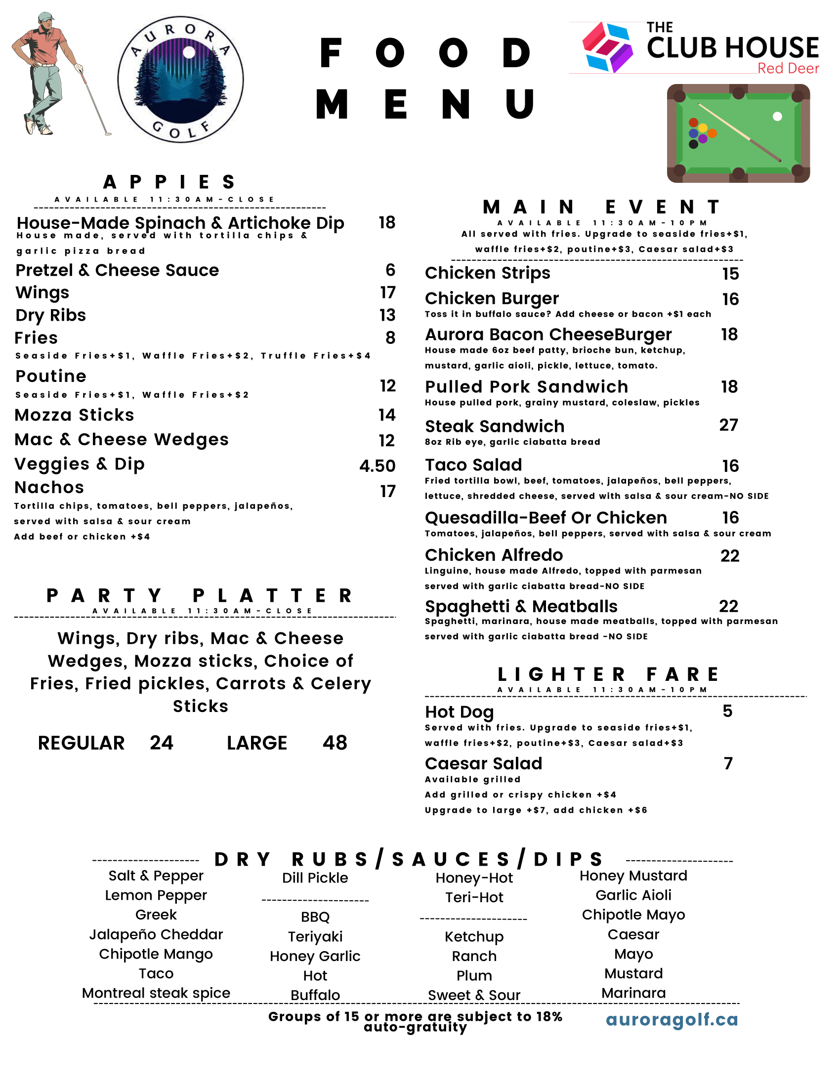 The Clubhouse Food Menu - Page 1: Features appetizers, wings, and main courses